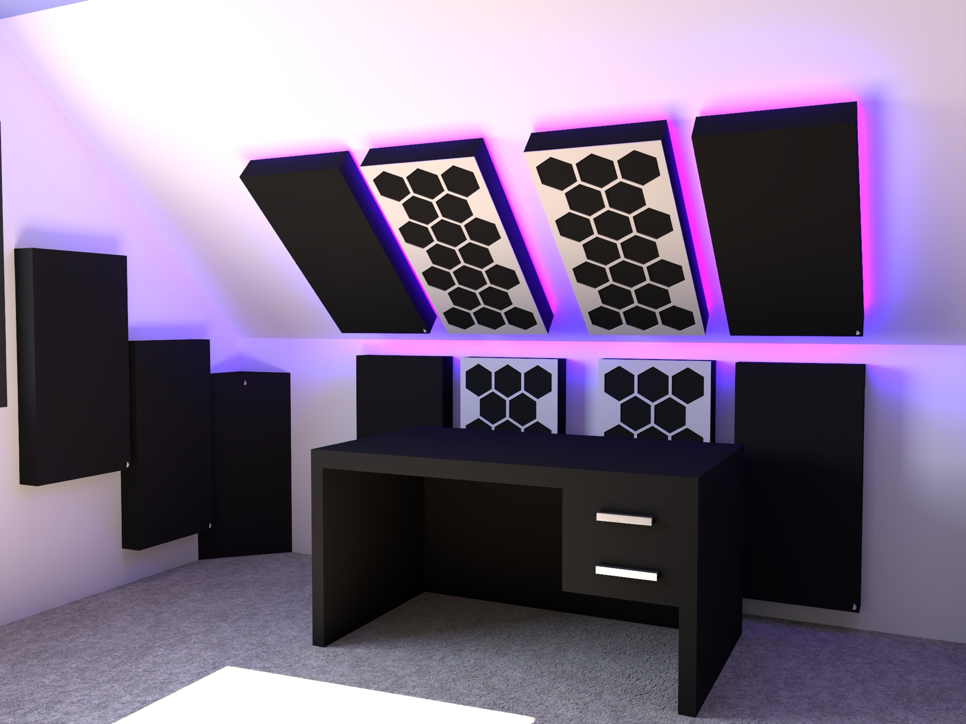 Musik- und Gaming-Raum mit Hexagon-Paneelen, Projektvisualisierung