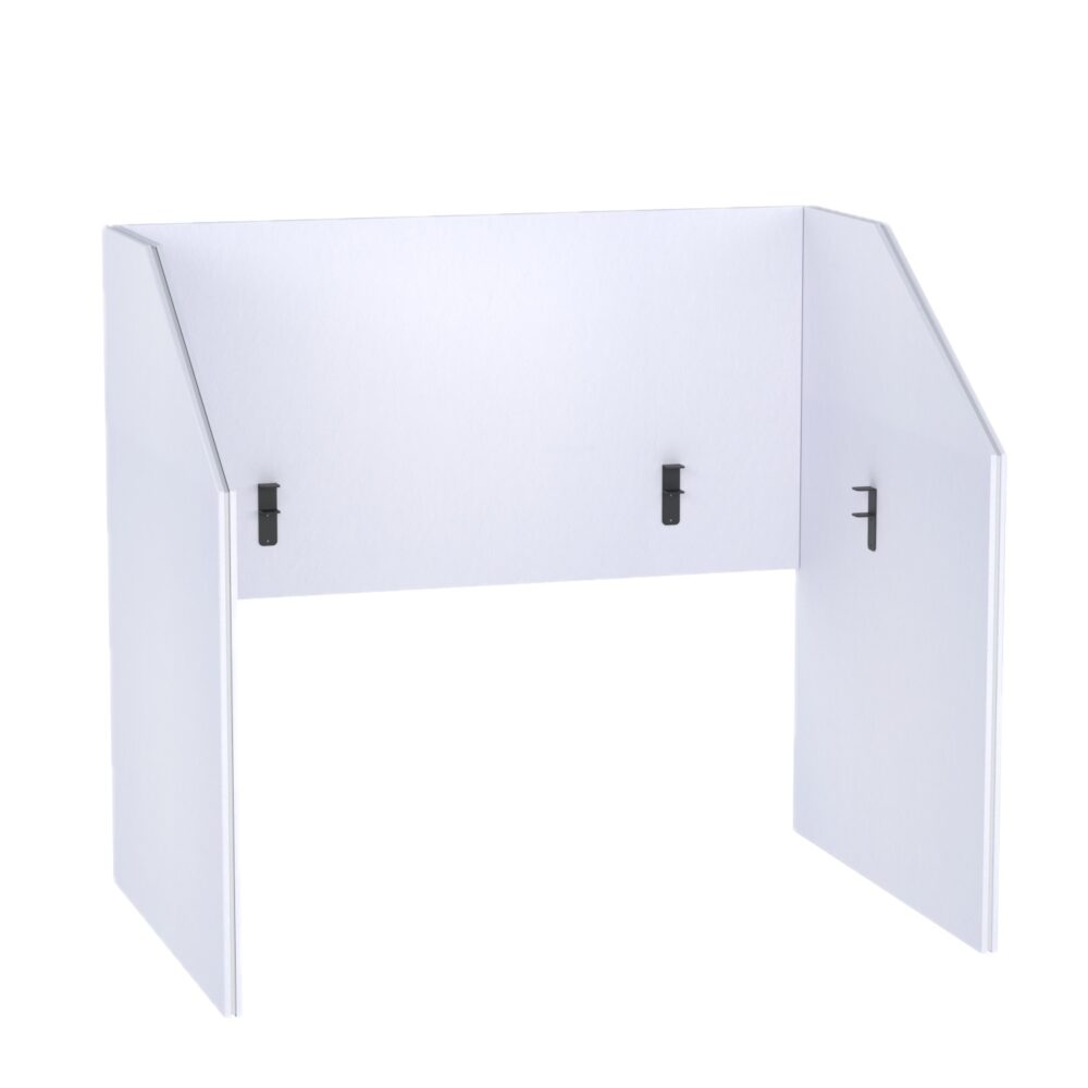 Akustische Trennwand für Schreibtisch Pro.Felt DS.1 - 1. White, Abmessungen der Elemente: 2× 108,4×140 cm; 1× 150×80 cm. Passend für einen 150×75 cm Schreibtisch; ragt 30 cm über den Schreibtisch hinaus