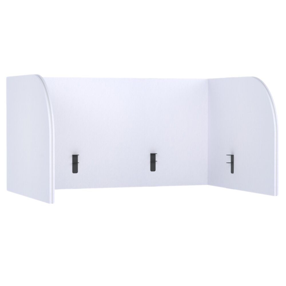Akustische Trennwand für Schreibtisch Pro.Felt D.1 - 1. White, Abmessungen der Elemente: 2× 108,4×80 cm; 1× 150×80 cm. Passend für einen 150×75 cm Schreibtisch; ragt 30 cm über den Schreibtisch hinaus