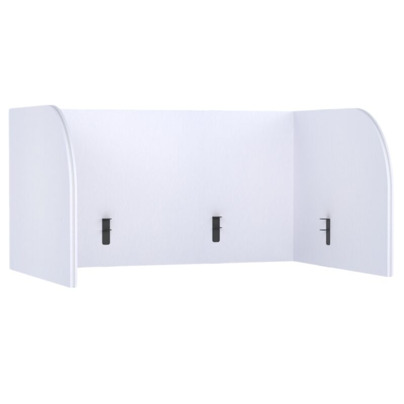 Akustische Trennwand für Schreibtisch Pro.Felt D.1 - 1. White, Abmessungen der Elemente: 2× 108,4×80 cm; 1× 150×80 cm. Passend für einen 150×75 cm Schreibtisch; ragt 30 cm über den Schreibtisch hinaus