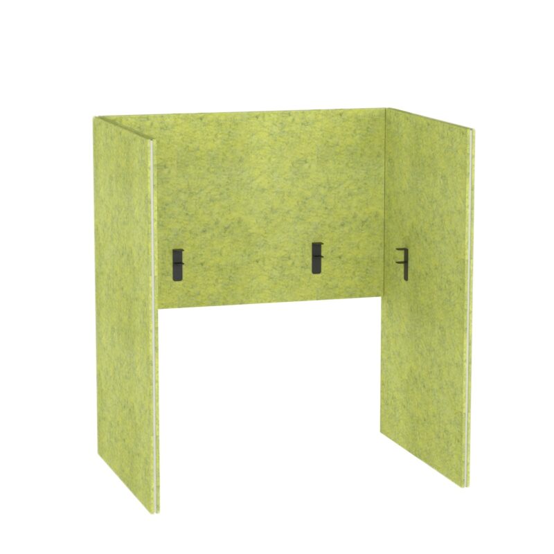 Akustische Trennwand für Schreibtisch Pro.Felt DS.2 - 9. Lime, Abmessungen der Elemente: 2× 93,4×140 cm; 1× 120×80 cm. Passend für einen 120×60 cm Schreibtisch; ragt 30 cm über den Schreibtisch hinaus