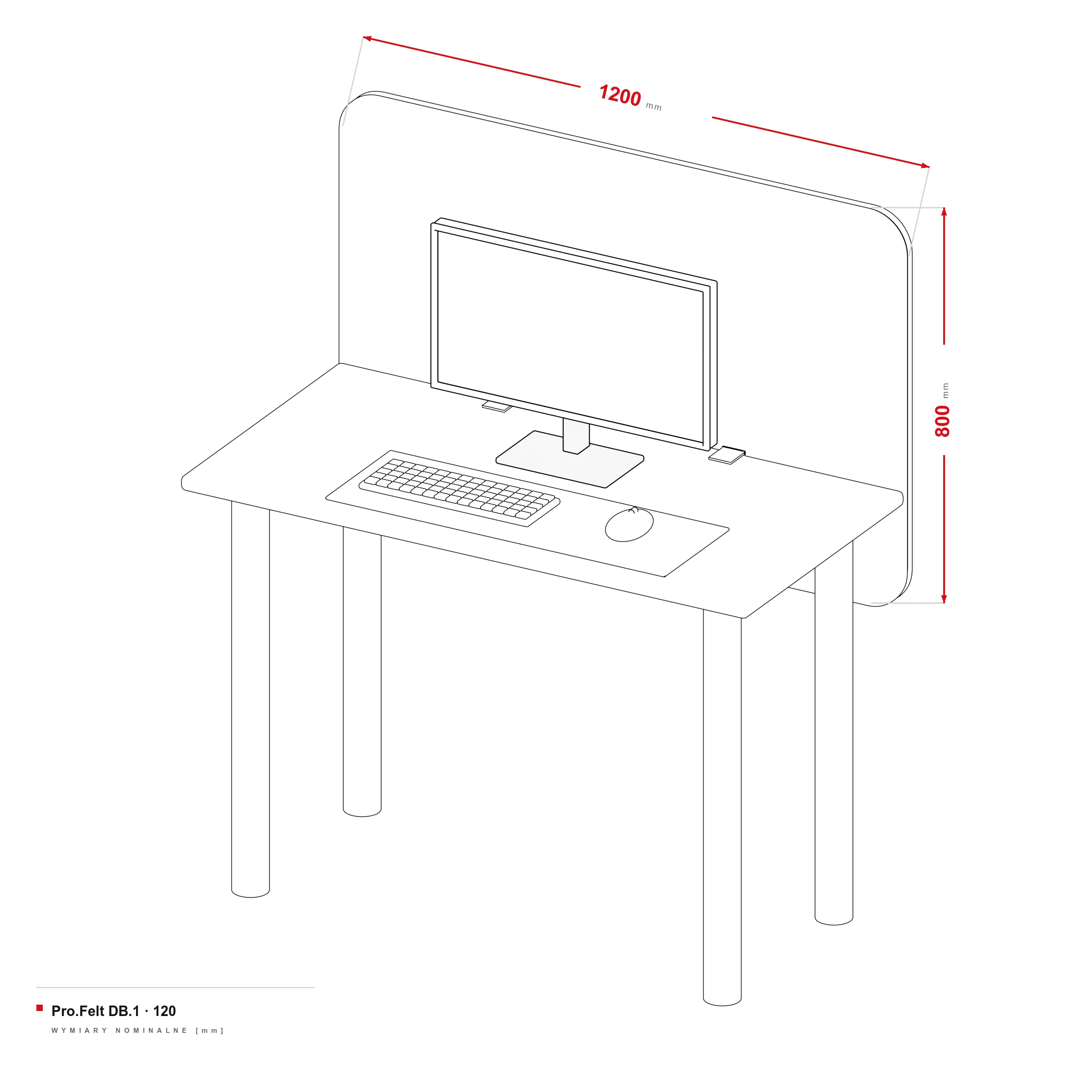 Akustische Trennwand für Schreibtisch Pro.Felt DB.1 — Maßzeichnung, Schreibtischbreite 120 cm
