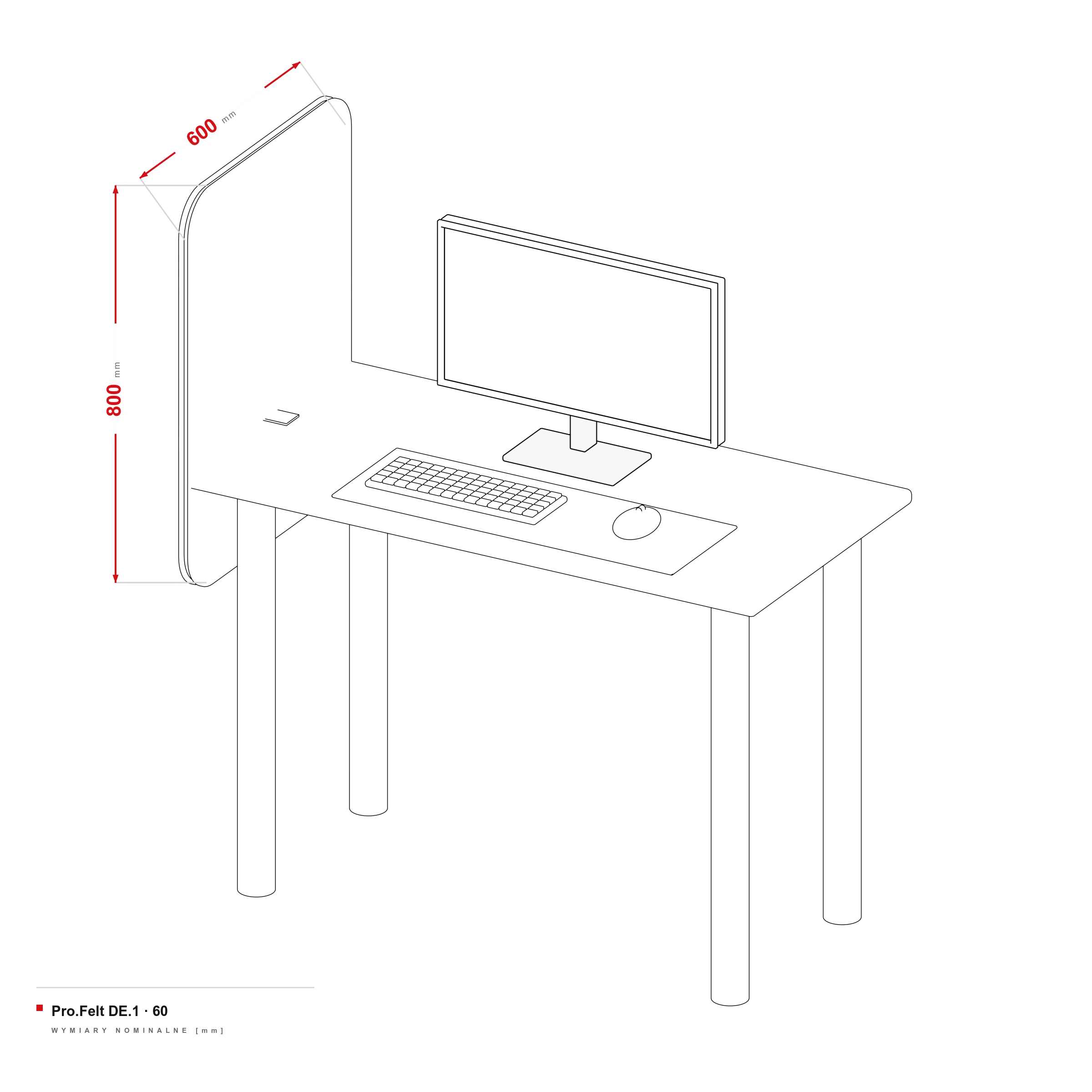 Akustische Trennwand für Schreibtisch Pro.Felt DE.1 — Maßzeichnung, Schreibtischlänge 60 cm