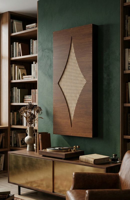 Ein Rattanpaneel in einem Wohnzimmer im Boho-Stil