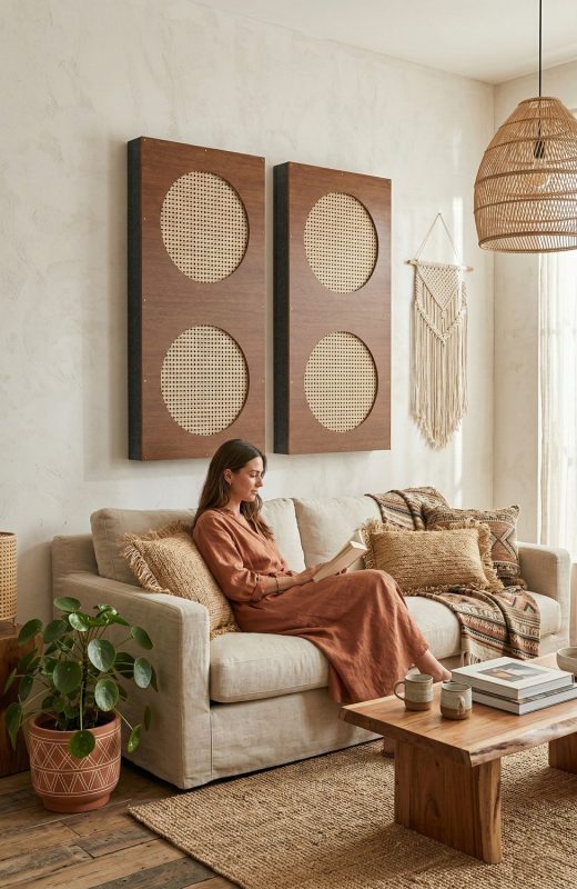 Das Rattanpaneel Brown in einem Wohnzimmer im Boho-Stil
