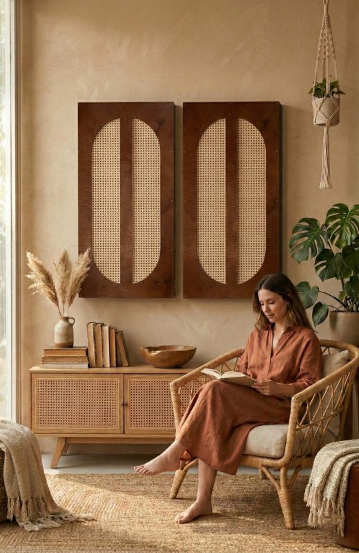 Das Rattanpaneel Brown in einem Wohnzimmer im Boho-Stil