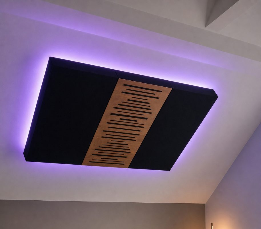Akustikpaneel an der Decke mit violettem Lichtschein der hinter dem Paneel verborgenen Aura-LED-Beleuchtung