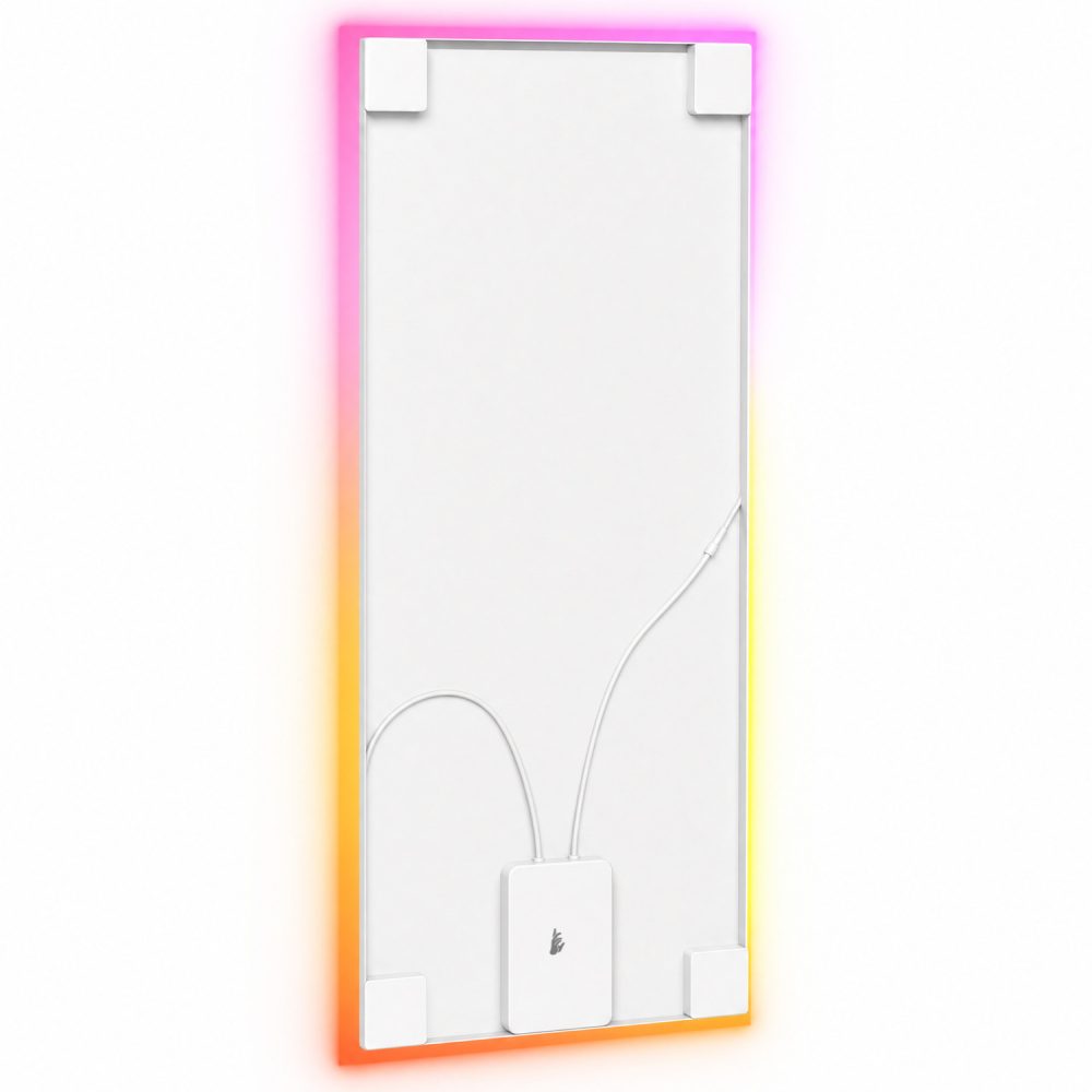 Aura LED - Akustikpaneel von hinten mit RGB-LED-Leiste, Controller und farbigem Lichtschein um die Kanten