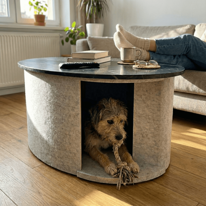 Die Akustikhütte als Couchtisch neben dem Sofa