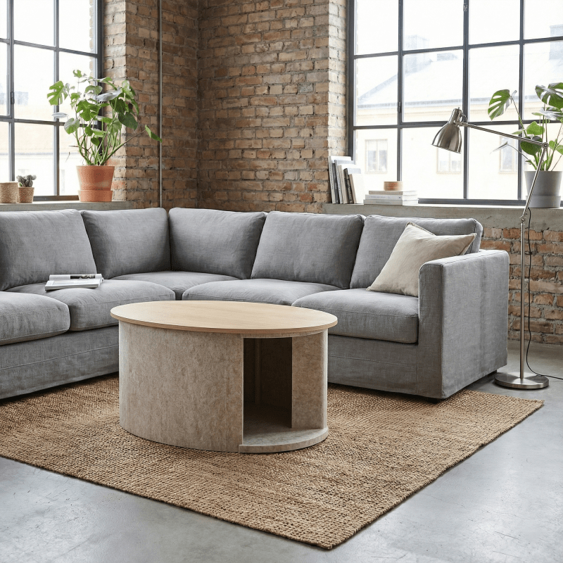 Akustikhütte / Couchtisch - elliptisches Gehäuse mit Platte und Filzinnerem