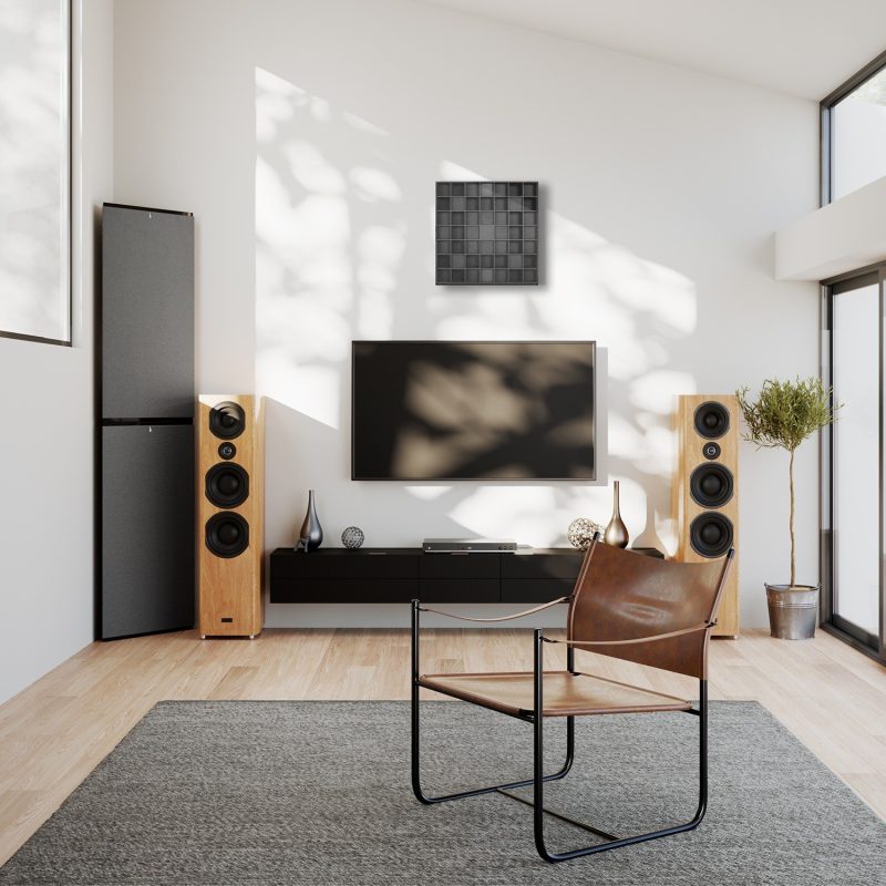 Der 2D-Diffusor QRD Tiles an der Wand in der Hörzone eines modernen Wohnzimmers