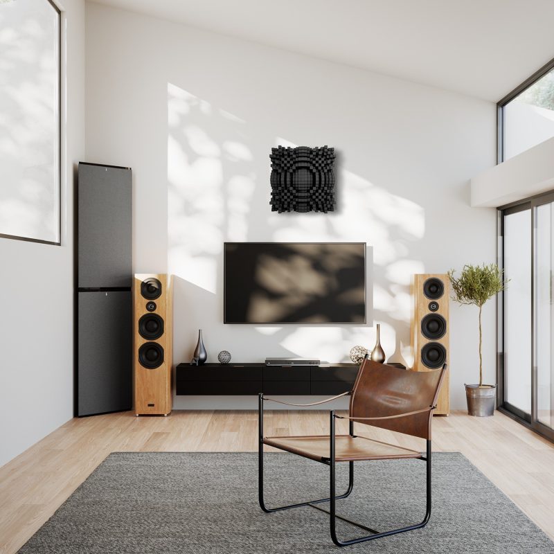 Der 2D-Diffusor Skyline City über dem Fernseher in einem Hi-Fi-Zimmer mit Lautsprechern