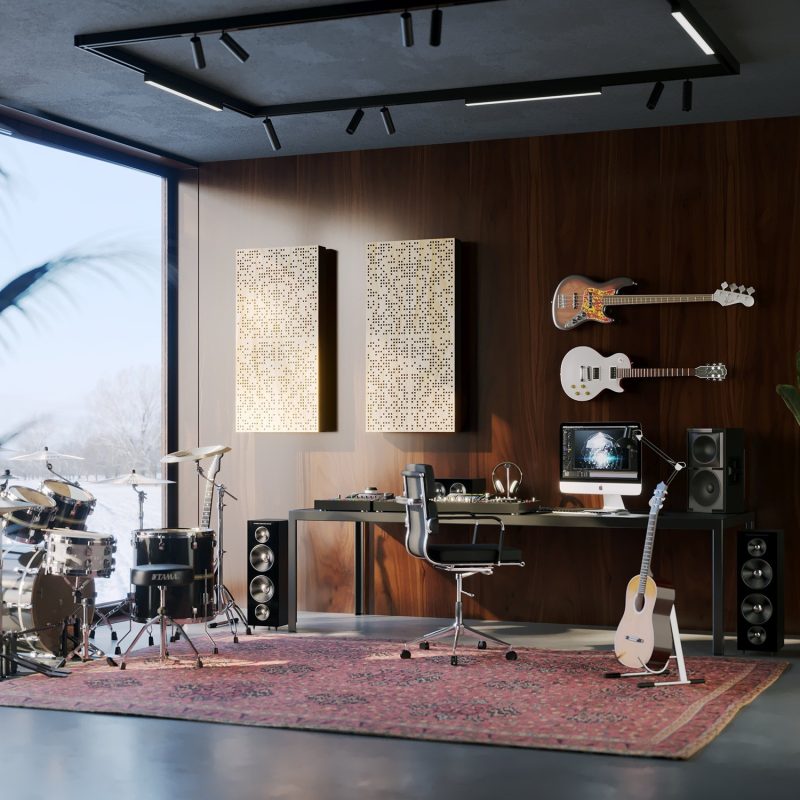 Zwei Binäre Diffusoren im Natur-Finish in einem Heim-Musikstudio mit Instrumenten