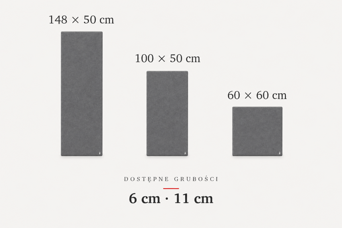 Verfügbare Formate des Akustikbilds: 148x50 cm, 100x50 cm und 60x60 cm, Stärken 6 und 11 cm