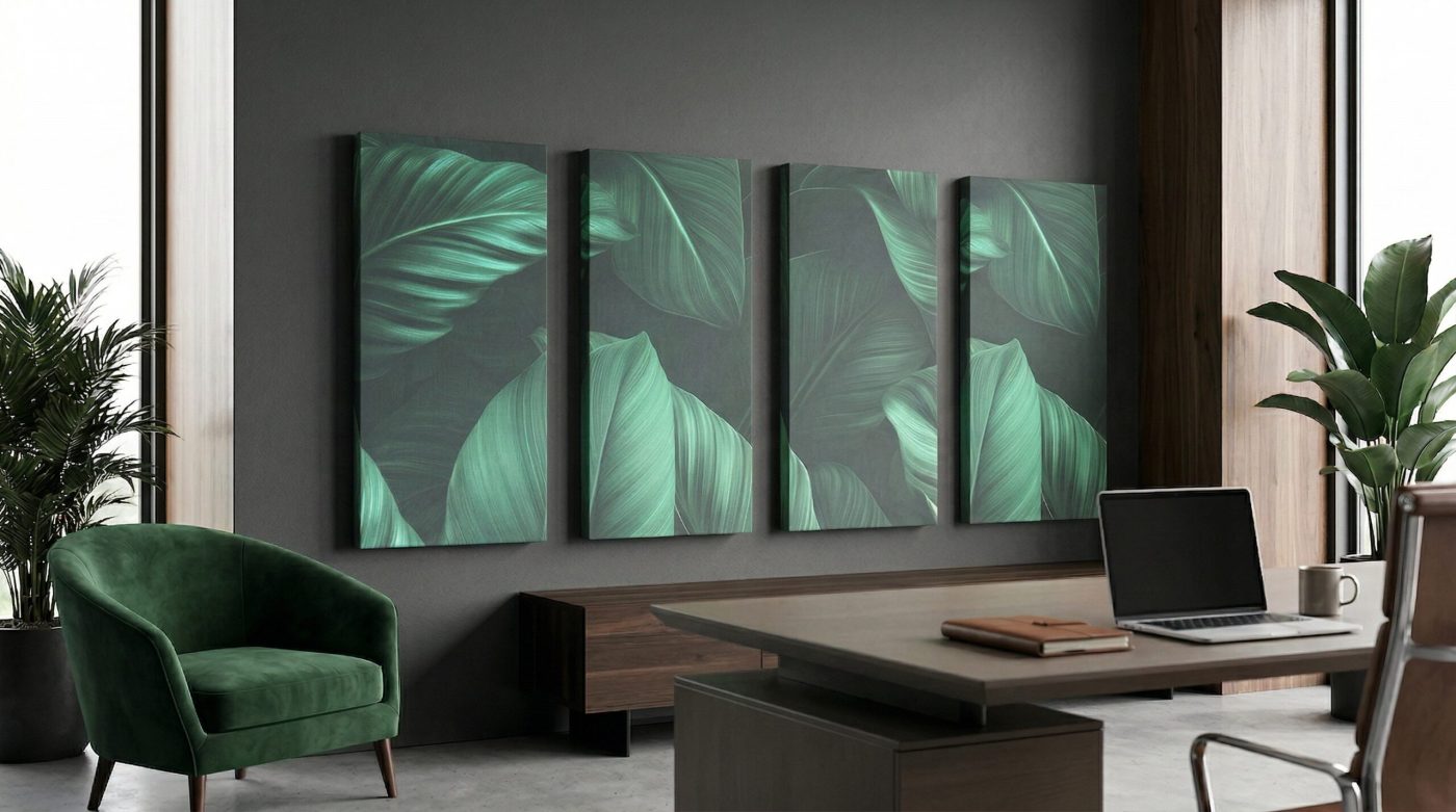 Die Kollektion Dark Jungle als Paneelgalerie in einem Arbeitszimmer