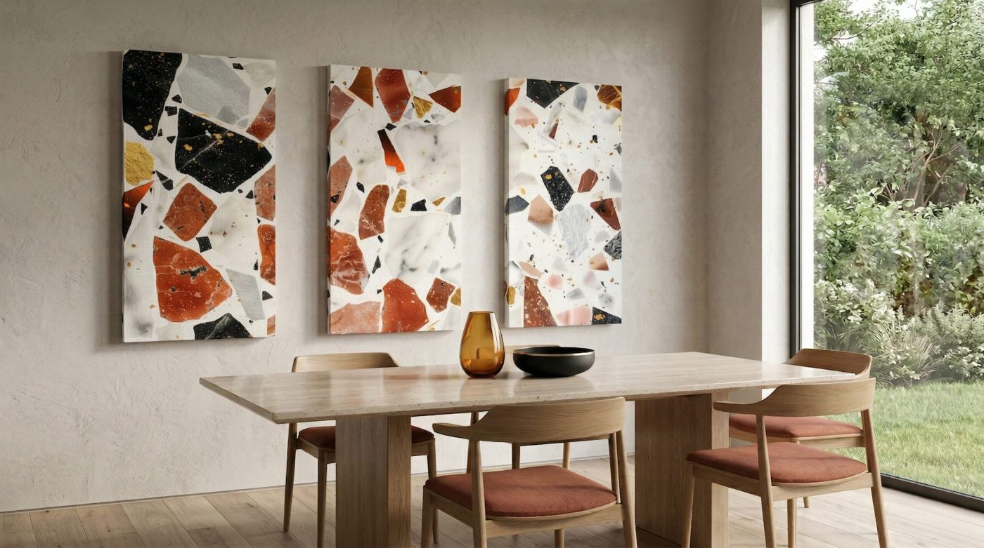 Ein Mosaic-Mix-Triptychon aus einer Kollektion in einem Esszimmer