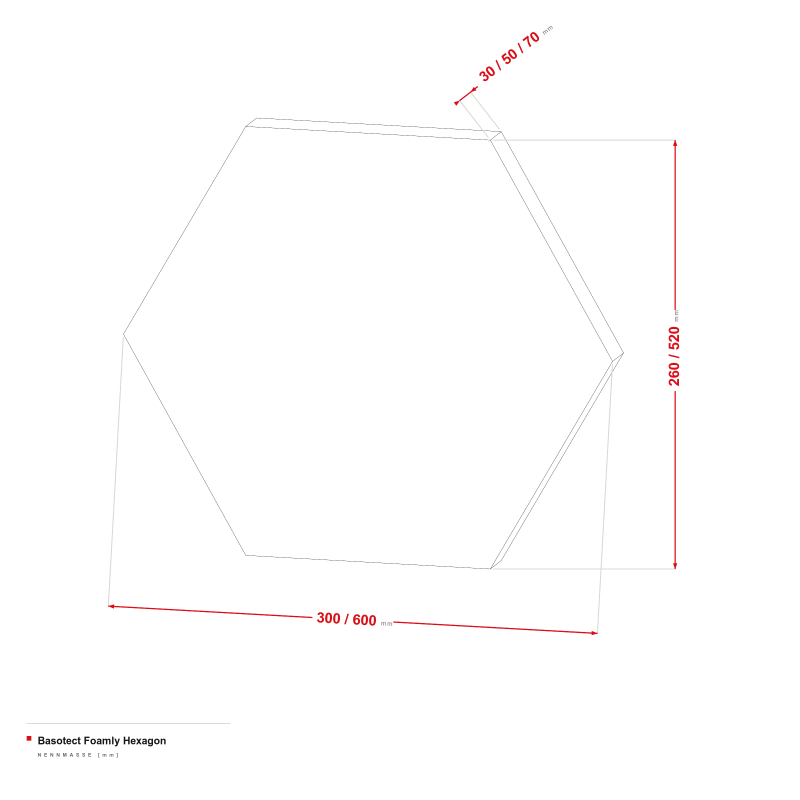 Basotect Foamly Hexagon - Maßzeichnung 300/600 × 260/520 mm, Stärke 30/50/70 mm