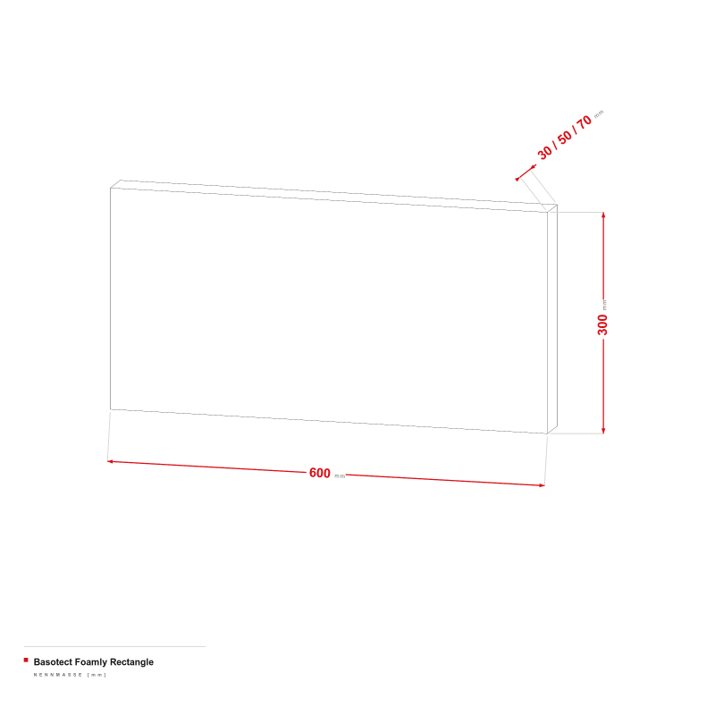 Basotect Foamly Rectangle - Maßzeichnung 600 × 300 mm, Stärke 30/50/70 mm
