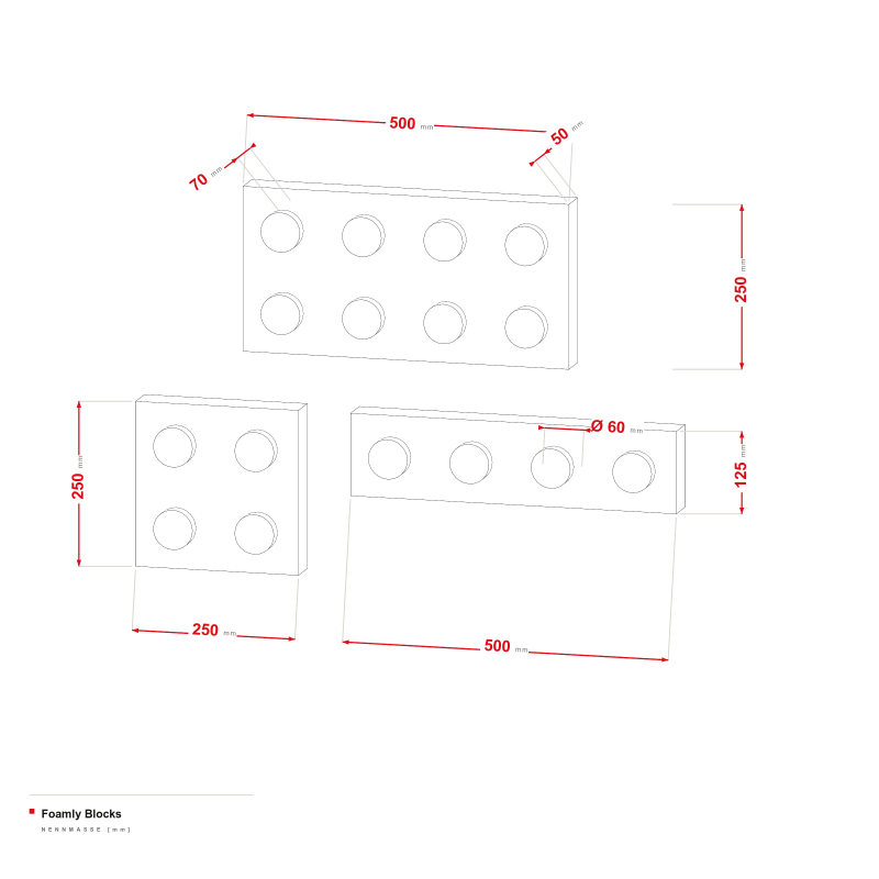 Foamly Blocks - Maßzeichnung der Module 250/500 × 125/250 mm