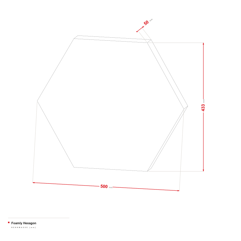 Foamly Hexagon - Maßzeichnung 500 × 433 mm, Stärke 50 mm