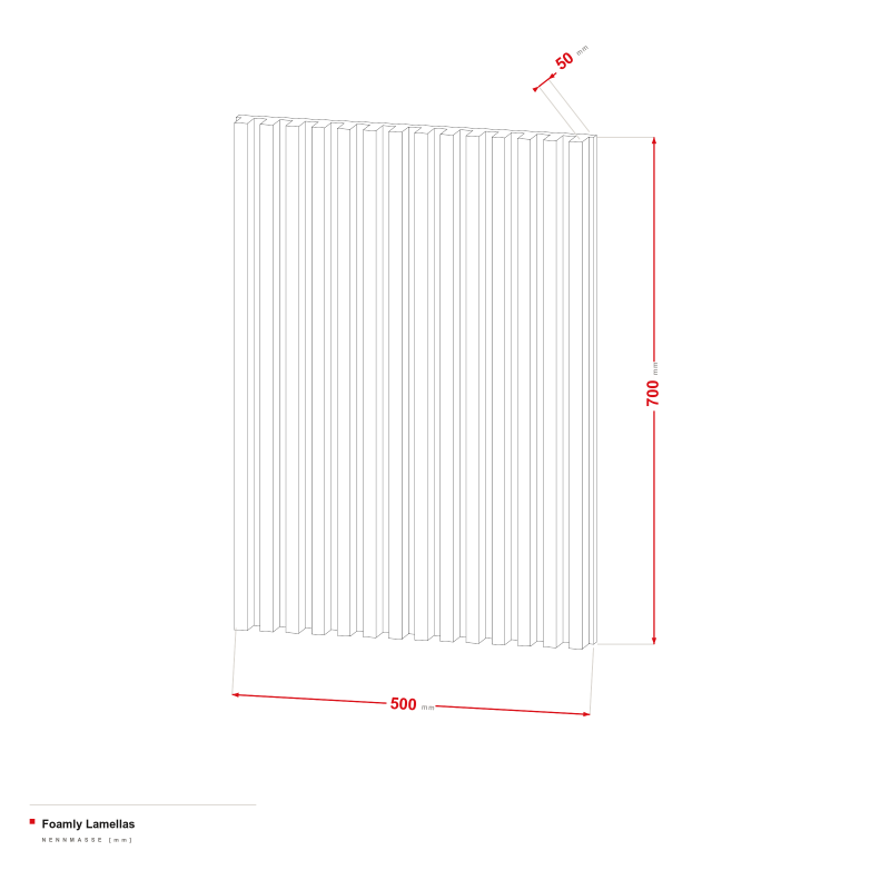 Foamly Lamellas - Maßzeichnung 500 × 700 × 50 mm, Lamellen 18/36 mm