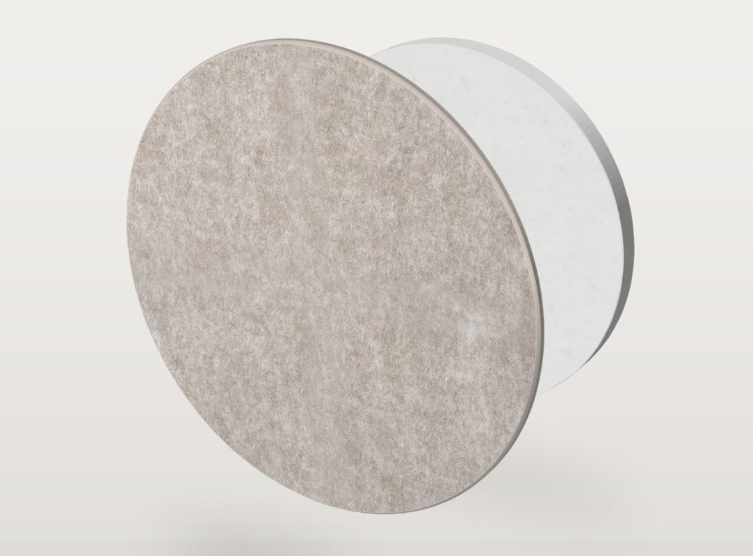 Das Akustikpaneel Pro.Felt E.2 Circle in Kreisform, in zwei Lagen zerlegt: Pro.Felt-Akustikfilz vorn und Basotect-Schaumstoff hinten