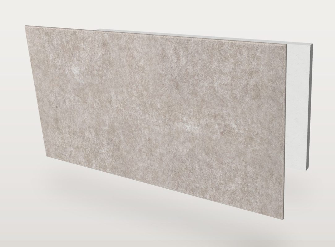 Das Akustikpaneel Pro.Felt E.7 Rectangle in Rechteckform, in zwei Lagen zerlegt: Pro.Felt-Akustikfilz vorn und Basotect-Schaumstoff hinten