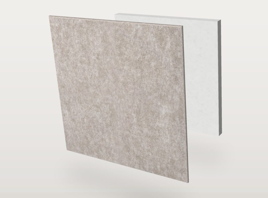 Das Akustikpaneel Pro.Felt E.4 Square in Quadratform, in zwei Lagen zerlegt: Pro.Felt-Akustikfilz vorn und Basotect-Schaumstoff hinten